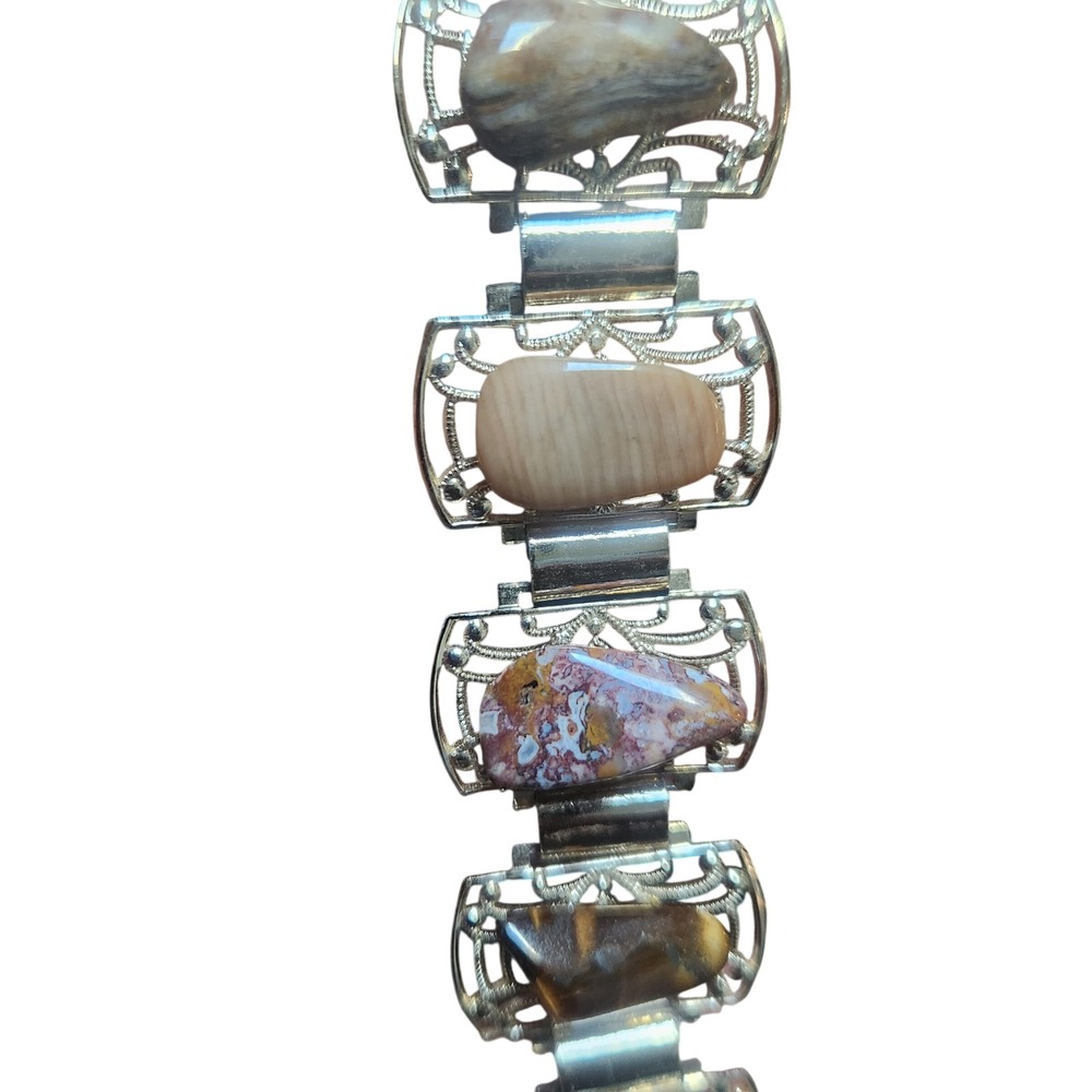 Vintage acrylic Multi Color Filigree Panel Link Bracelet‎ goldtone 7"